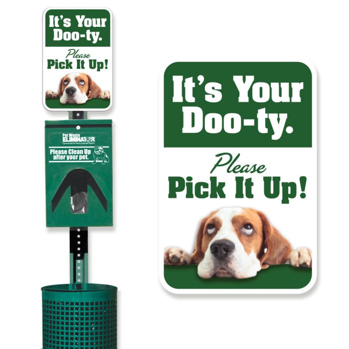 Metal Pet Waste Station Green Funny Dog Sign Header Bags